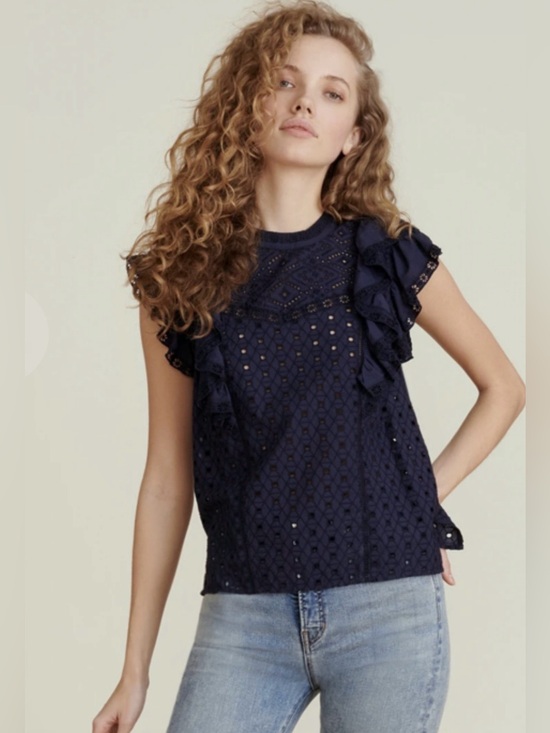 Tops - Veronica Beard Jie Top Navy Eyelet Flutter Sleeve Blouse Preppy Nautical Size 4